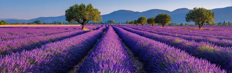 Naklejka premium A vibrant lavender field stretches under a clear sky, with rows of blooming flowers and distant mountains creating a serene landscape.