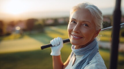 Mature woman golfer on the golf course, smiling, at sunset, relaxed and confident. Golf club over shoulder.