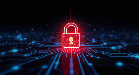 Data protection technology concept: A glowing red padlock serves as a focal point within a dynamic digital landscape of blue illuminated circuit pathways and nodes, representing secure network connect