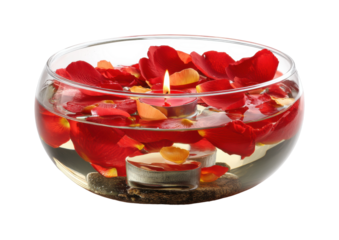 Romantic candlelit water bowl with rose petals home peaceful, isolated on transparent background, png