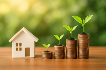 Stacks of coins with growing plants beside a miniature house, symbolizing financial growth and investment.