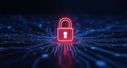 Data protection technology concept: A glowing red padlock serves as a focal point within a dynamic digital landscape of blue illuminated circuit pathways and nodes, representing secure network connect
