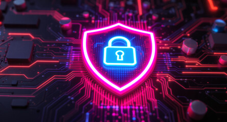 A glowing shield emblem is the focal point on a futuristic circuit board. The shield has a vibrant pink neon outline and contains a bright cyan padlock icon. 
