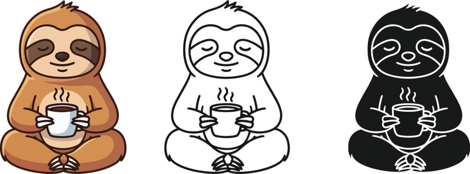 Three sloths meditating with coffee in color outline and black