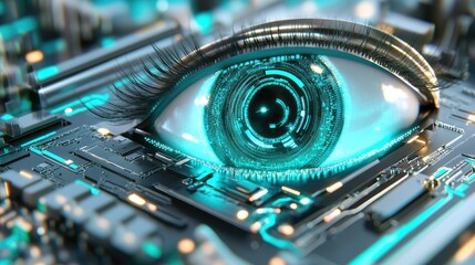 Futuristic Eye on Circuit Board with Digital Data