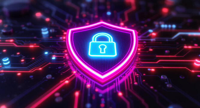 A glowing shield emblem is the focal point on a futuristic circuit board. The shield has a vibrant pink neon outline and contains a bright cyan padlock icon. 