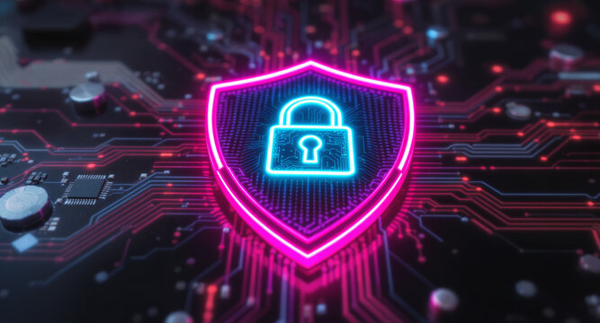 A glowing shield emblem is the focal point on a futuristic circuit board. The shield has a vibrant pink neon outline and contains a bright cyan padlock icon. 