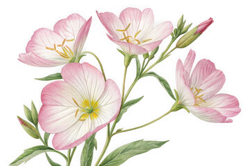 Delicate pink evening primrose flowers with green stems and leaves isolated on transparent background