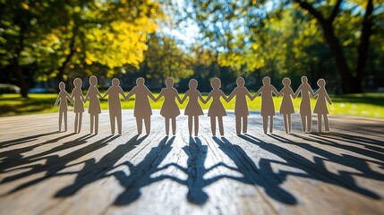 Row of Paper - Cut People Holding Hands on Wooden Surface with Park Background 