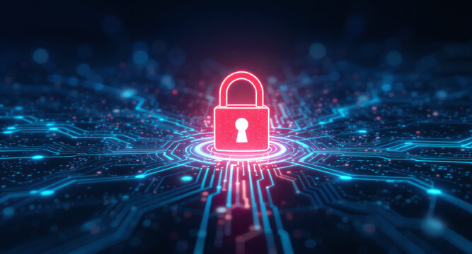 Data protection technology concept: A glowing red padlock serves as a focal point within a dynamic digital landscape of blue illuminated circuit pathways and nodes, representing secure network connect