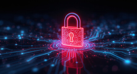 Data protection technology concept: A glowing red padlock serves as a focal point within a dynamic digital landscape of blue illuminated circuit pathways and nodes, representing secure network connect
