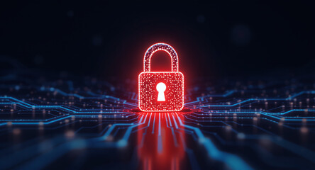Data protection technology concept: A glowing red padlock serves as a focal point within a dynamic digital landscape of blue illuminated circuit pathways and nodes, representing secure network connect