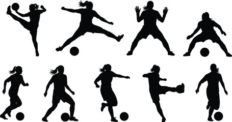 Soccer Player Silhouette Set—Nine Dynamic Poses of Kicking, Dribbling, and Jumping for Sports, Fitness, and Athletic Design Themes
