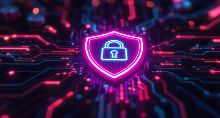 A glowing shield emblem is the focal point on a futuristic circuit board. The shield has a vibrant pink neon outline and contains a bright cyan padlock icon. 