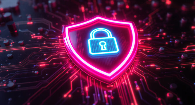 A glowing shield emblem is the focal point on a futuristic circuit board. The shield has a vibrant pink neon outline and contains a bright cyan padlock icon.  - Powered by Adobe