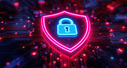 A glowing shield emblem is the focal point on a futuristic circuit board. The shield has a vibrant pink neon outline and contains a bright cyan padlock icon. 