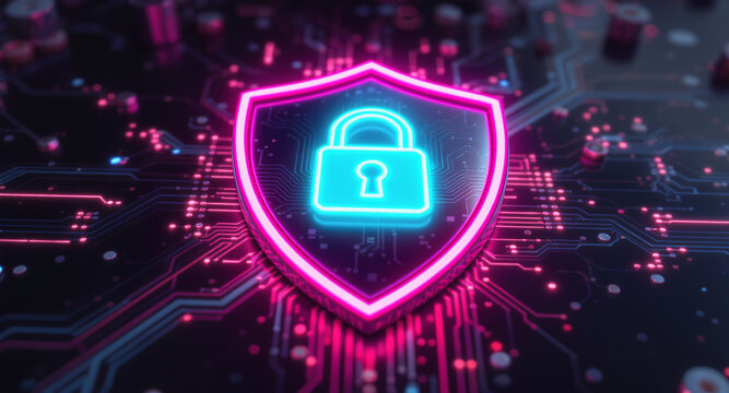 A glowing shield emblem is the focal point on a futuristic circuit board. The shield has a vibrant pink neon outline and contains a bright cyan padlock icon. 