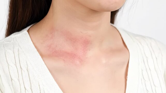 Close-up on woman's chest with skin irritation or rash, white screen background, concept for dermatology education, allergic reaction awareness and medical illustration