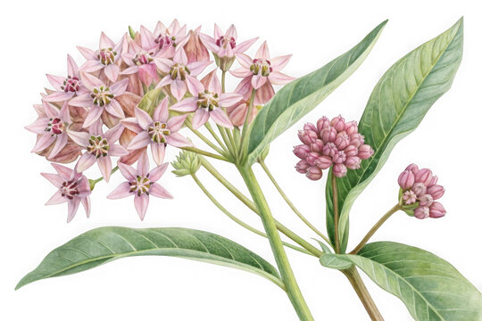 Beautifully detailed watercolor painting of a pink milkweed flower cluster on transparent background isolated on transparent background