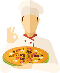 vector illustration of a man holding pizza