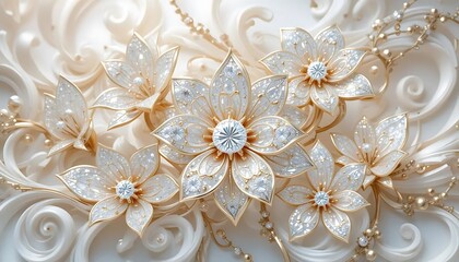 Elegant 3D jeweled flowers with gold diamonds and pearls on a white relief background.