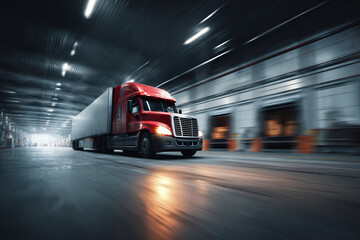 Motion blur of container trucks entering and leaving an international logistics distribution warehouse. Ai generate.