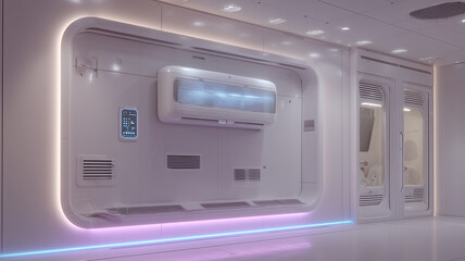 Modern interior hallway with illuminated panels