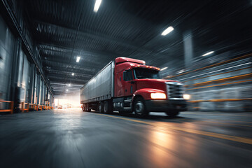 Motion blur of container trucks entering and leaving an international logistics distribution warehouse. Ai generate.