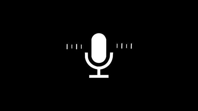 White color microphone Voice recording podcast mic microphone button icon. audio microphone icon animation. Audio microphone icon looping animation. Audio microphone icon animation. Black background