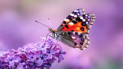 Obraz premium Painted Lady Butterfly on Lilac Blossoms in Soft Purple Light