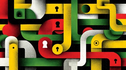 A colorful, abstract pattern of interconnected lines and shapes in red, green, yellow, and white, with a keyhole and lock-like elements, set against a black background.