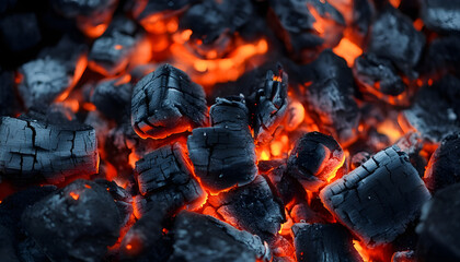 Glowing charcoal embers, heat and smoke ready for grilling and BBQ. Close up of hot coals and fire