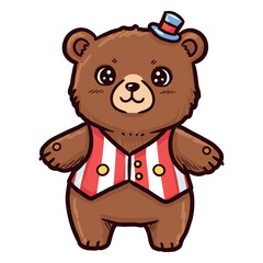 Cute brown bear in american flag outfit with small hat. Vector illustration