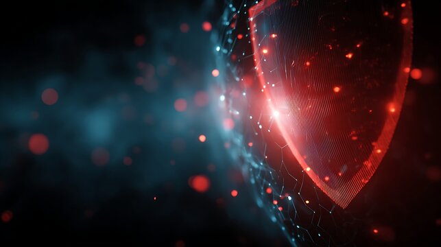 A glowing red shield with a glowing red light at its center, surrounded by a network of glowing red and blue lights, against a dark blue background with a few glowing red dots.