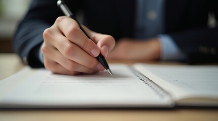 Detailed scene of hand holding pen over paper, subtle textures and calm focus highlighted in soft lighting