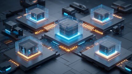 A futuristic circuit board with glowing blue and orange components, set against a dark background with intricate details and a central focus on the central processor unit.