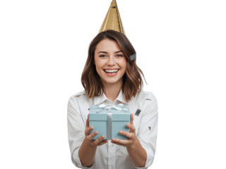 Cheerful young woman in party hat joyfully presents a gift box, isolated on a transparent stage,