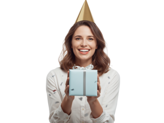 Festive girl with a shimmering party hat holding a gift box on transparent space
