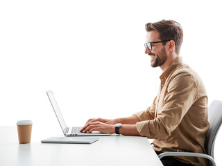 Dedicated professional working remotely on laptop with drink enjoying productivity and isolated