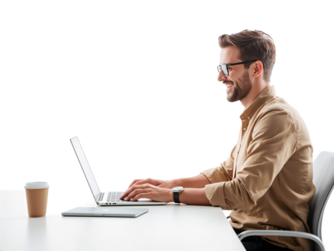 Dedicated professional working remotely on laptop with drink enjoying productivity and isolated