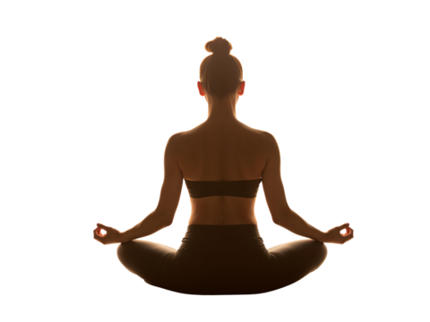 Serene silhouette of a woman meditating against a transparent expanse, fostering inner harmony and