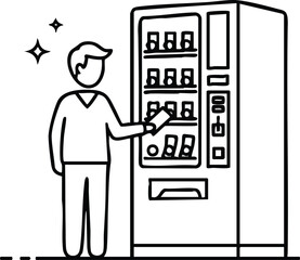 Line art icon of a person buying a snack or drink from a vending machine, a concept of automated retail and convenience