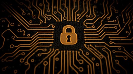 A computer circuit board with a golden padlock symbol in the center, surrounded by a network of black and gold lines, set against a black background with a blurred, out-of-focus circuit board pattern.