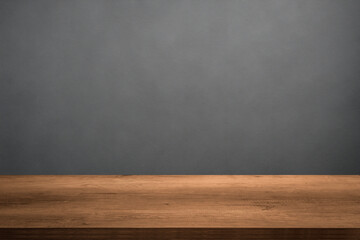 Empty wooden table top and color dark or gray wall background for showing products and advertisers. Template mock up for display of product. product promotion in the wall. for display or montage.