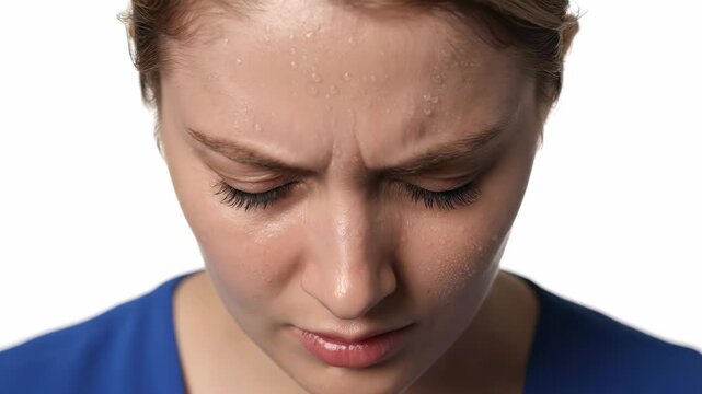 Worried young woman with sweat drops on forehead looking down with white screen background, concept for stress management, depression awareness and anxiety relief