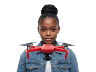 Young enthusiast posing with a vibrant red drone, showcasing innovative technology and youthful