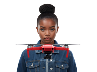 Young innovative woman showcasing a cutting edge drone device on an isolated setting