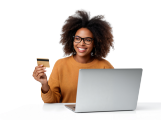 Contented woman making online transactions with credit card and computer on transparent background