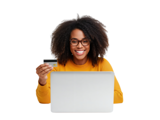 Joyful woman with afro hairstyle utilizing laptop and credit card for online payments on
