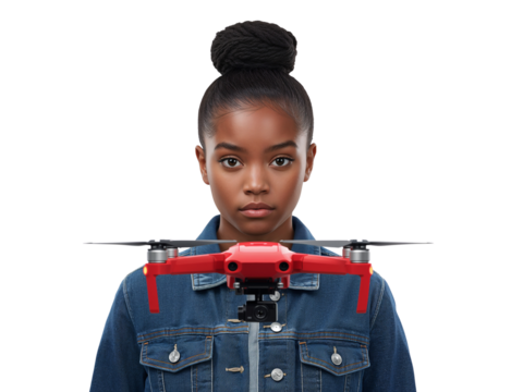 Young innovative woman showcasing a cutting edge drone device on an isolated setting